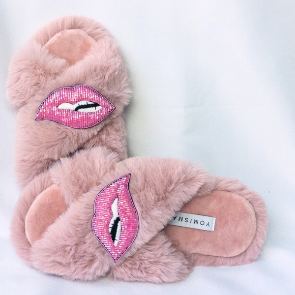 Faux Fur Slippers - Global Recycled Standard Certified with Lips Embellishment
