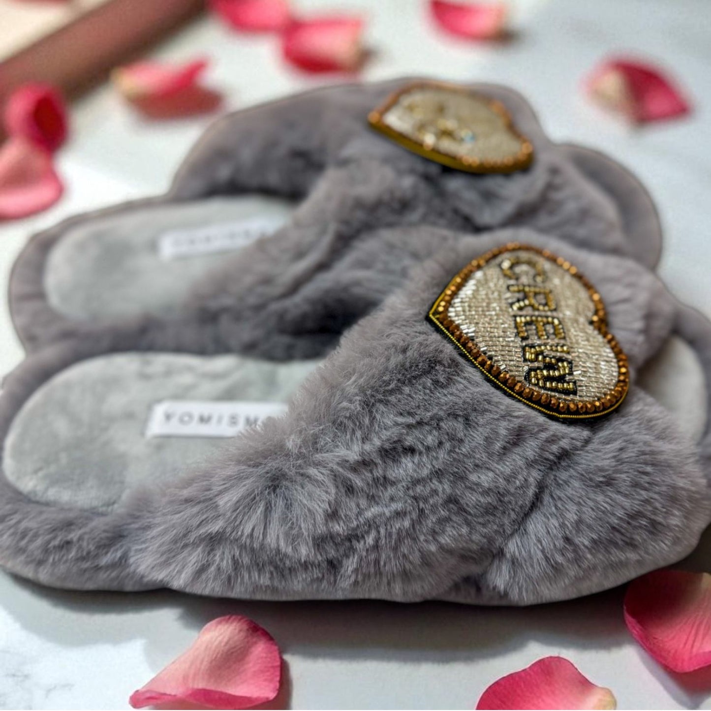 Faux Fur Slippers - Global Recycled Standard Certified with Beaded Wedding (I DO CREW) Brooch