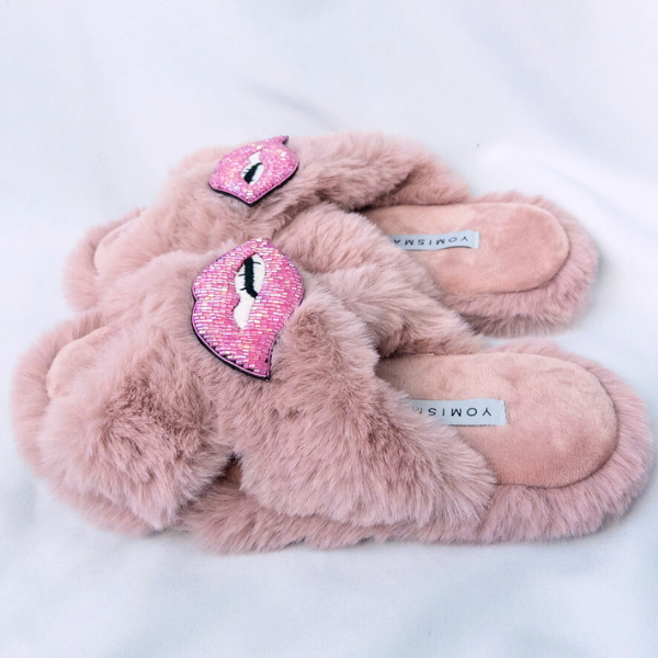 Faux Fur Slippers - Global Recycled Standard Certified with Lips Embellishment