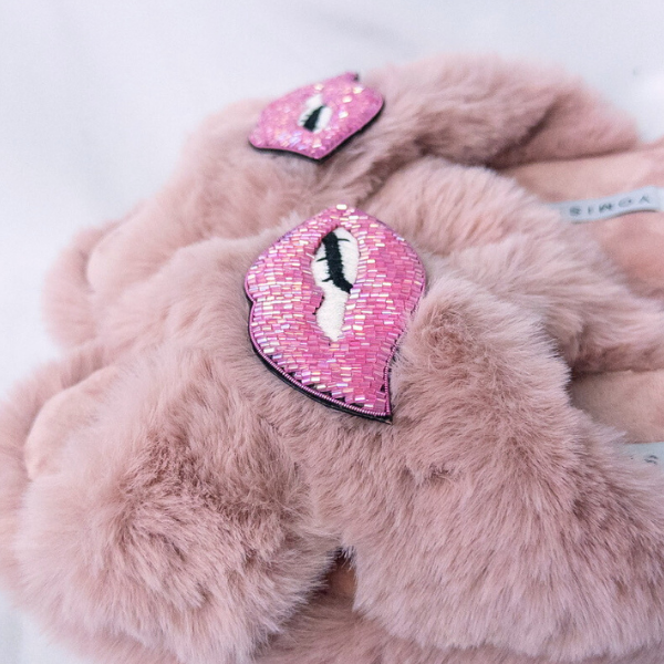 Faux Fur Slippers - Global Recycled Standard Certified with Lips Embellishment