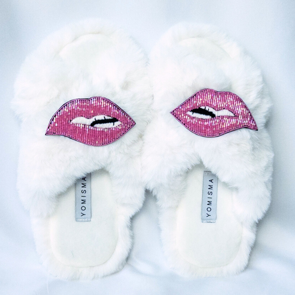 Faux Fur Slippers - Global Recycled Standard Certified with Lips Embellishment