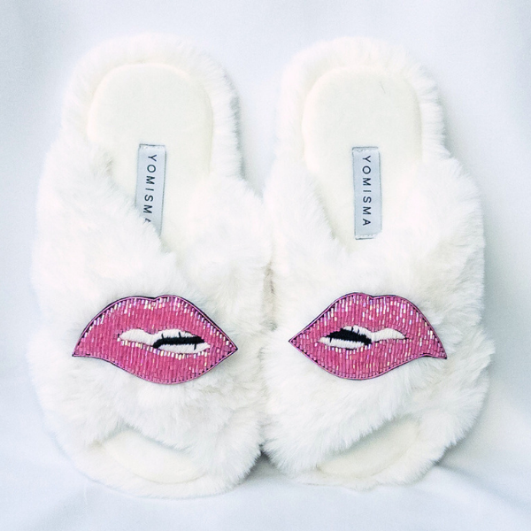 Faux Fur Slippers - Global Recycled Standard Certified with Lips Embellishment