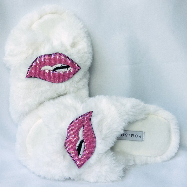Faux Fur Slippers - Global Recycled Standard Certified with Lips Embellishment