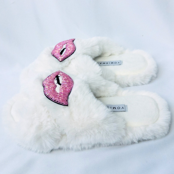 Faux Fur Slippers - Global Recycled Standard Certified with Lips Embellishment