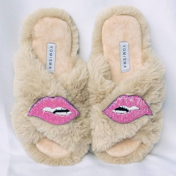 Faux Fur Slippers - Global Recycled Standard Certified with Lips Embellishment