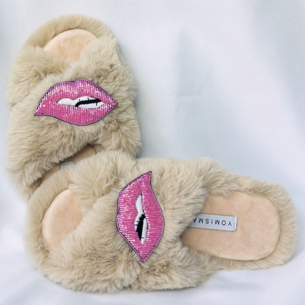 Faux Fur Slippers - Global Recycled Standard Certified with Lips Embellishment