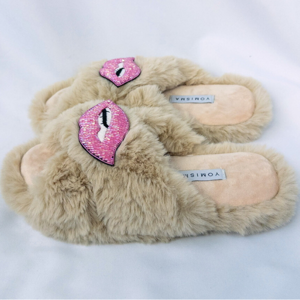 Faux Fur Slippers - Global Recycled Standard Certified with Lips Embellishment
