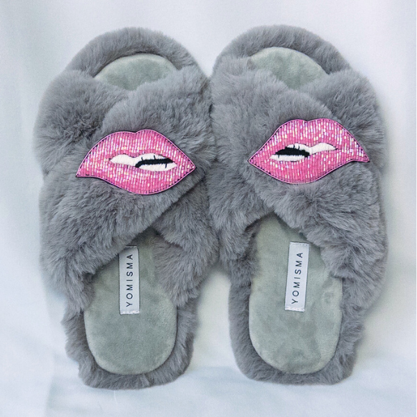 Faux Fur Slippers - Global Recycled Standard Certified with Lips Embellishment
