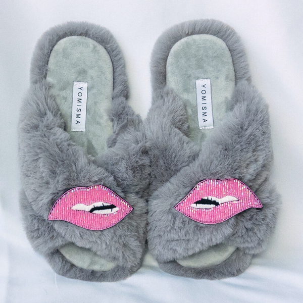 Faux Fur Slippers - Global Recycled Standard Certified with Lips Embellishment