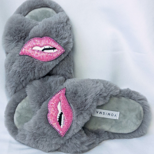 Faux Fur Slippers - Global Recycled Standard Certified with Lips Embellishment