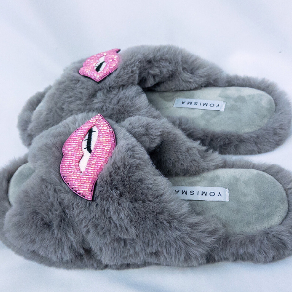 Faux Fur Slippers - Global Recycled Standard Certified with Lips Embellishment