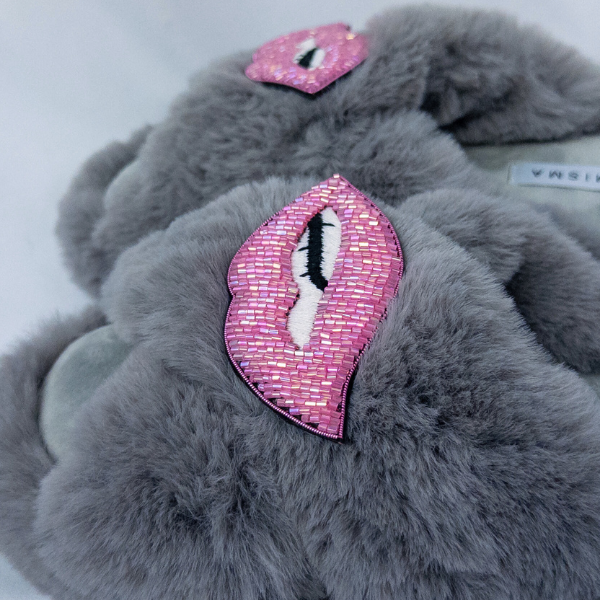 Faux Fur Slippers - Global Recycled Standard Certified with Lips Embellishment