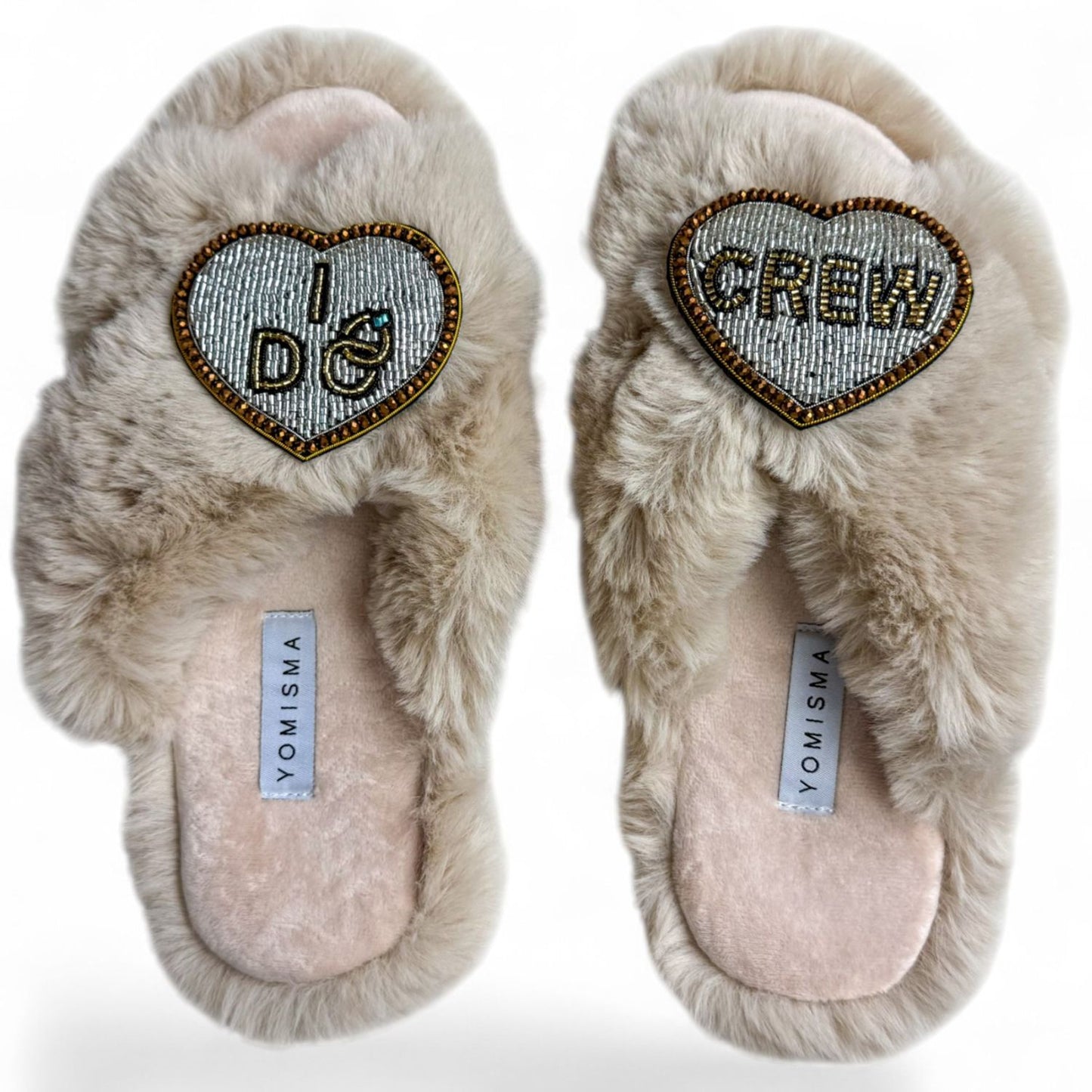 Faux Fur Slippers - Global Recycled Standard Certified with Beaded Wedding (I DO CREW) Brooch
