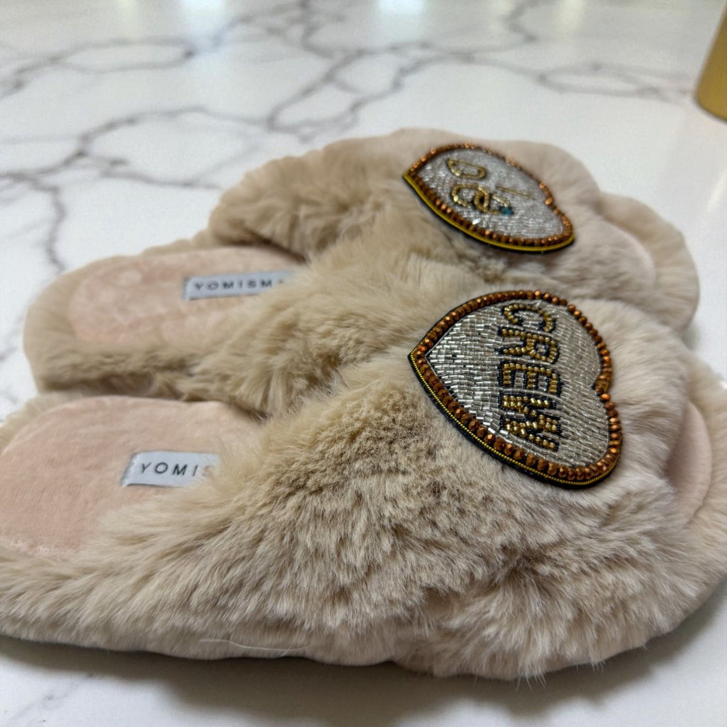 Faux Fur Slippers - Global Recycled Standard Certified with Beaded Wedding (I DO CREW) Brooch