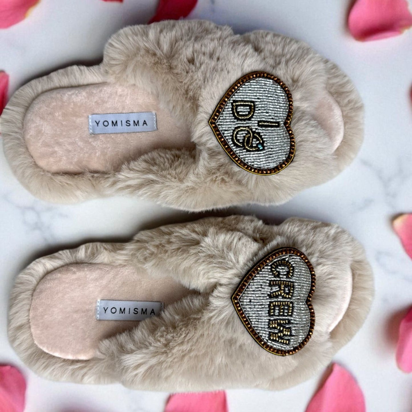 Faux Fur Slippers - Global Recycled Standard Certified with Beaded Wedding (I DO CREW) Brooch