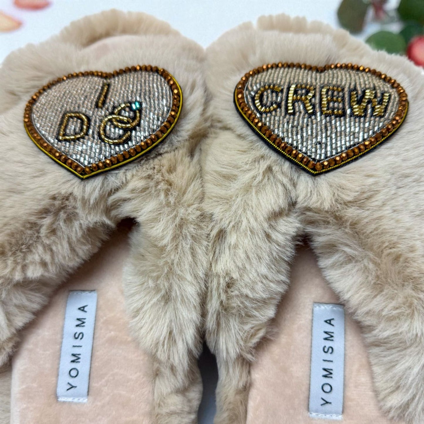 Faux Fur Slippers - Global Recycled Standard Certified with Beaded Wedding (I DO CREW) Brooch