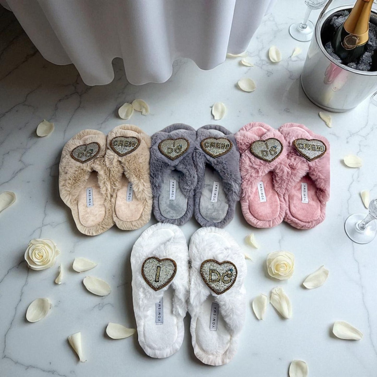 Faux Fur Slippers - Global Recycled Standard Certified with Beaded Wedding (I DO CREW) Brooch