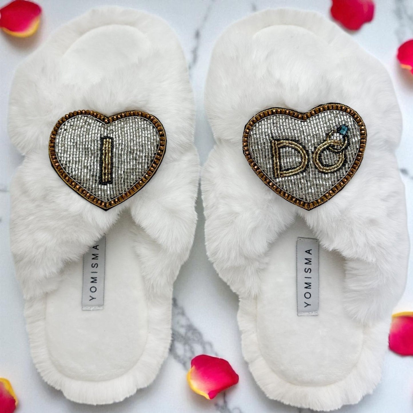 Faux Fur Slippers - Global Recycled Standard Certified with Beaded Wedding (I DO) Brooch