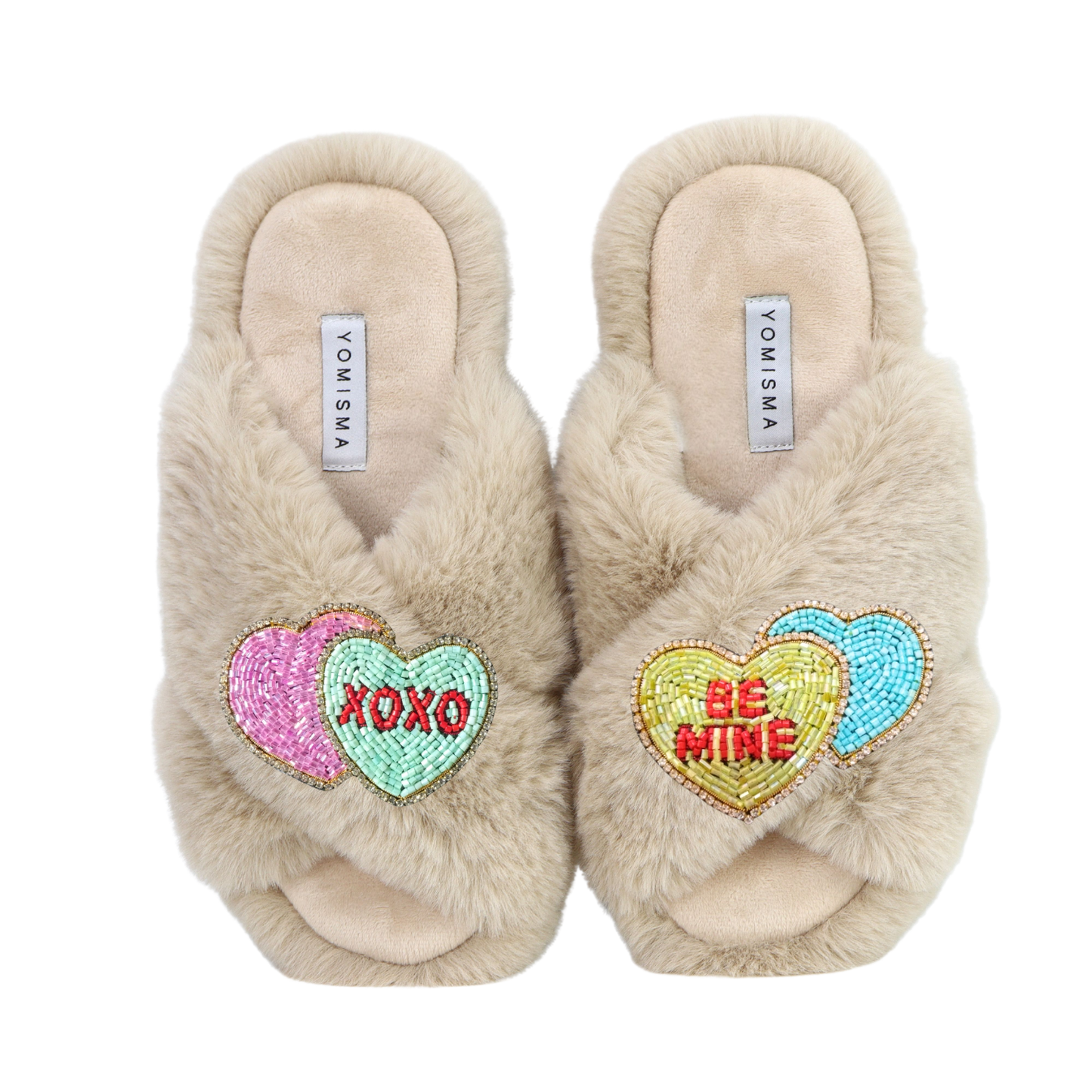 Faux Fur Slippers - Global Recycled Standard Certified with Valentines "Be Mine/XO" Embellishments