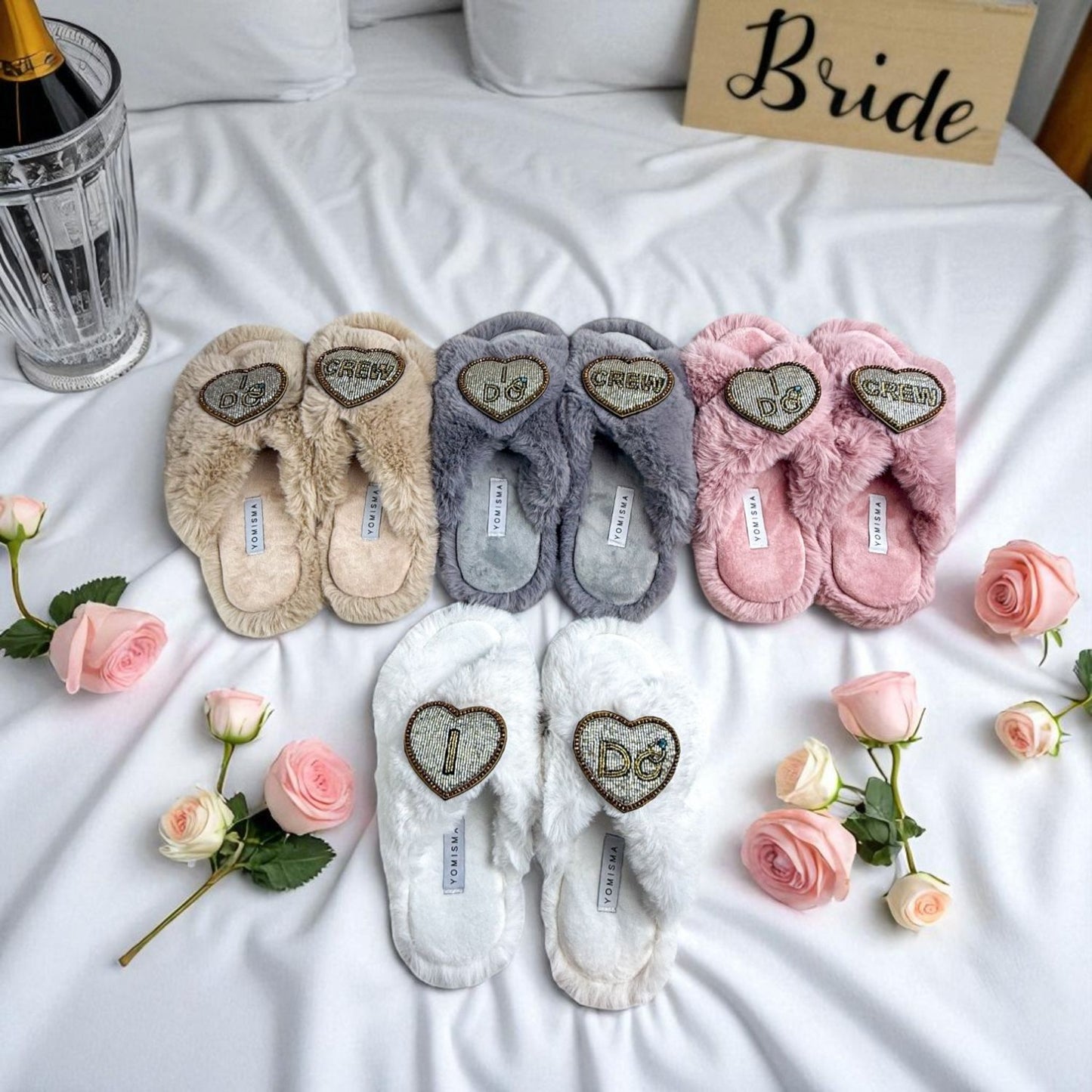 Faux Fur Slippers - Global Recycled Standard Certified with Beaded Wedding (I DO) Brooch