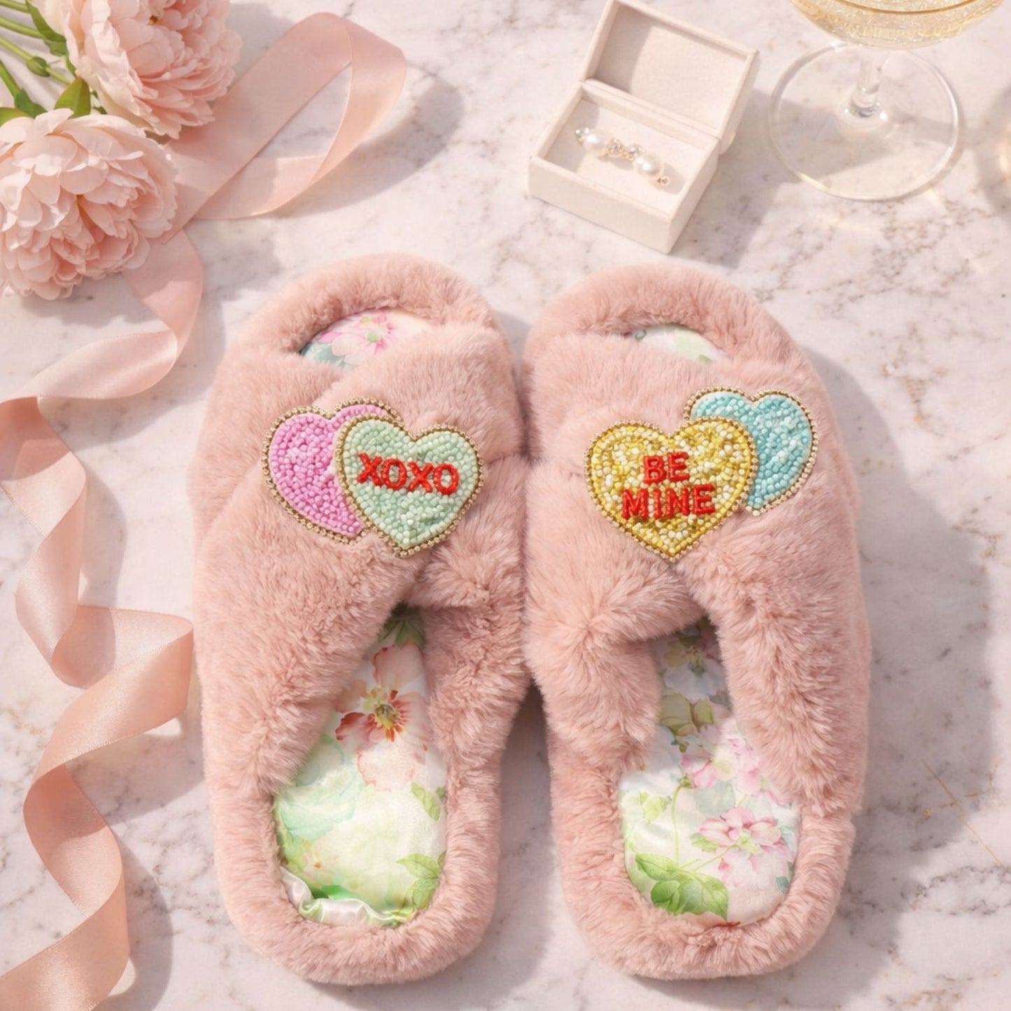 Faux Fur Slippers - Global Recycled Standard Certified with Valentines "Be Mine/XO" Embellishments