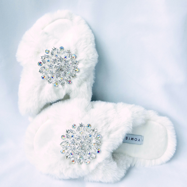 Faux Fur Slippers - Global Recycled Standard Certified with Iridescent Jewel Embellishments
