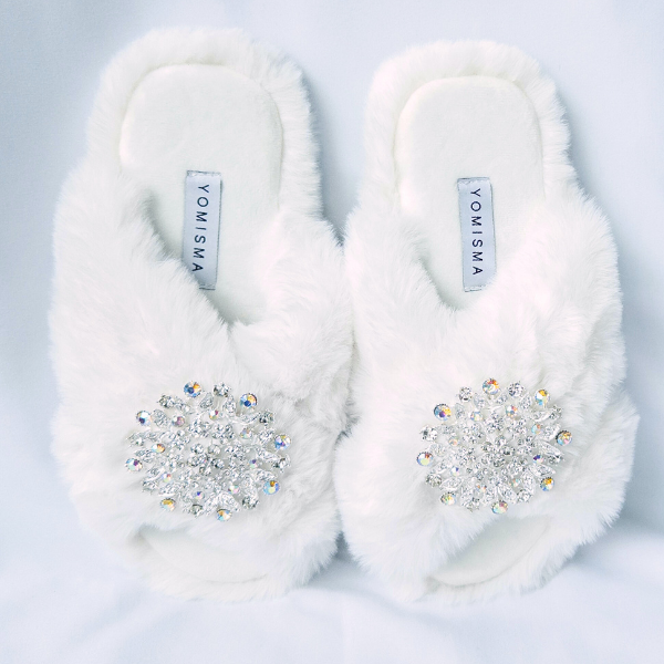 Faux Fur Slippers - Global Recycled Standard Certified with Iridescent Jewel Embellishments