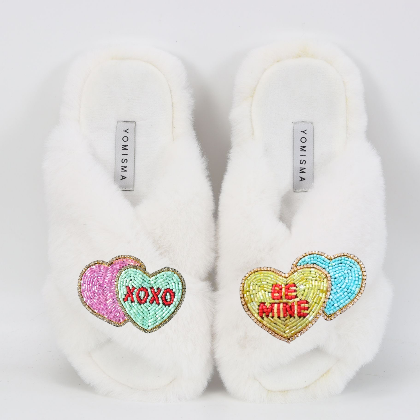 Faux Fur Slippers - Global Recycled Standard Certified with Valentines "Be Mine/XO" Embellishments