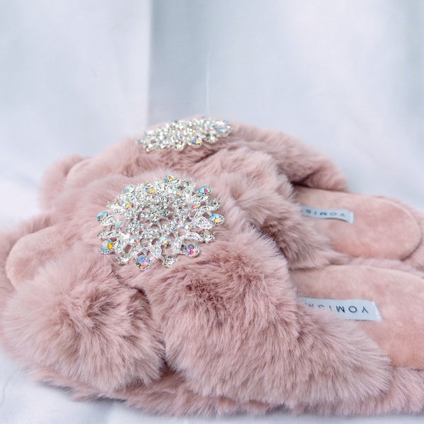 Faux Fur Slippers - Global Recycled Standard Certified with Iridescent Jewel Embellishments