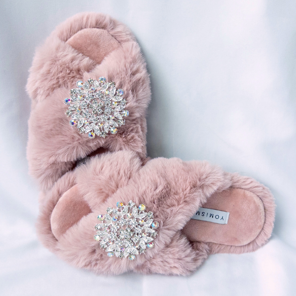 Faux Fur Slippers - Global Recycled Standard Certified with Iridescent Jewel Embellishments