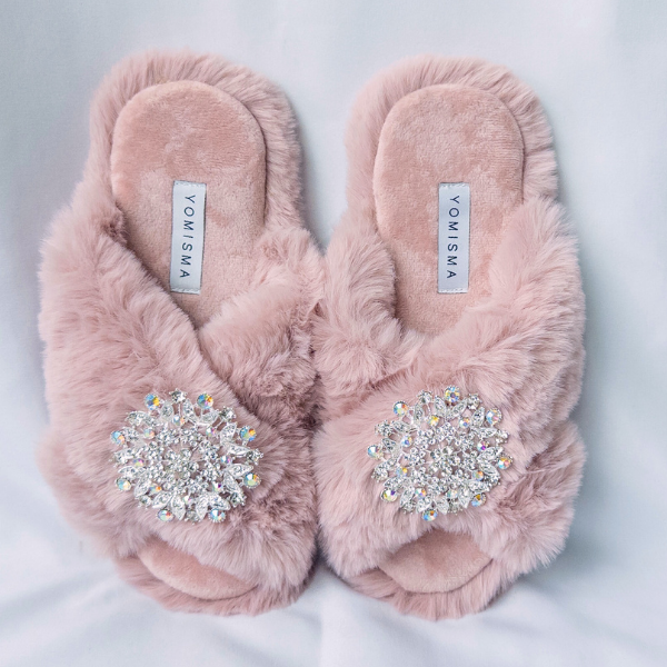 Faux Fur Slippers - Global Recycled Standard Certified with Iridescent Jewel Embellishments
