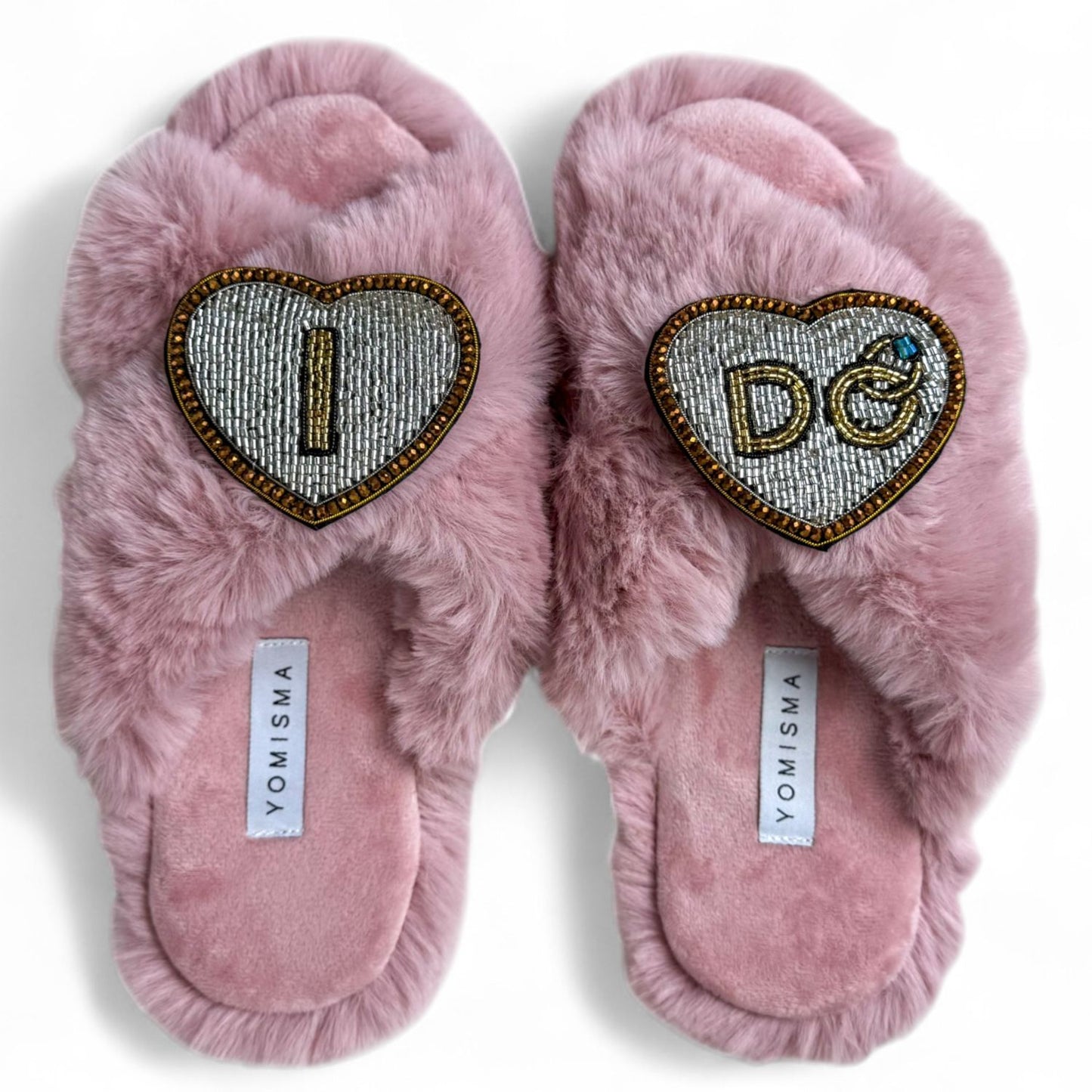 Faux Fur Slippers - Global Recycled Standard Certified with Beaded Wedding (I DO) Brooch