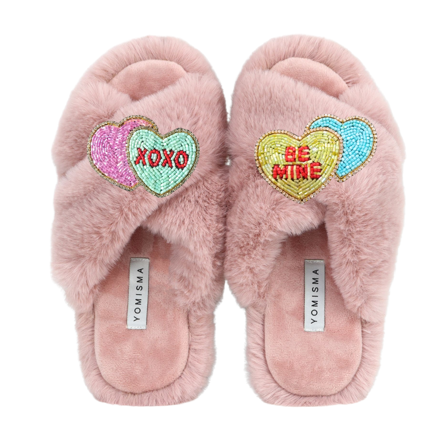 Faux Fur Slippers - Global Recycled Standard Certified with Valentines "Be Mine/XO" Embellishments