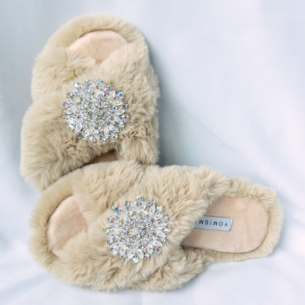 Faux Fur Slippers - Global Recycled Standard Certified with Iridescent Jewel Embellishments