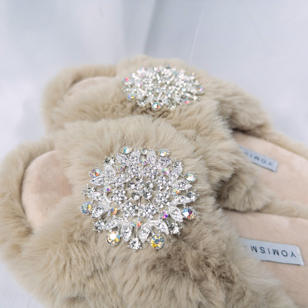 Faux Fur Slippers - Global Recycled Standard Certified with Iridescent Jewel Embellishments