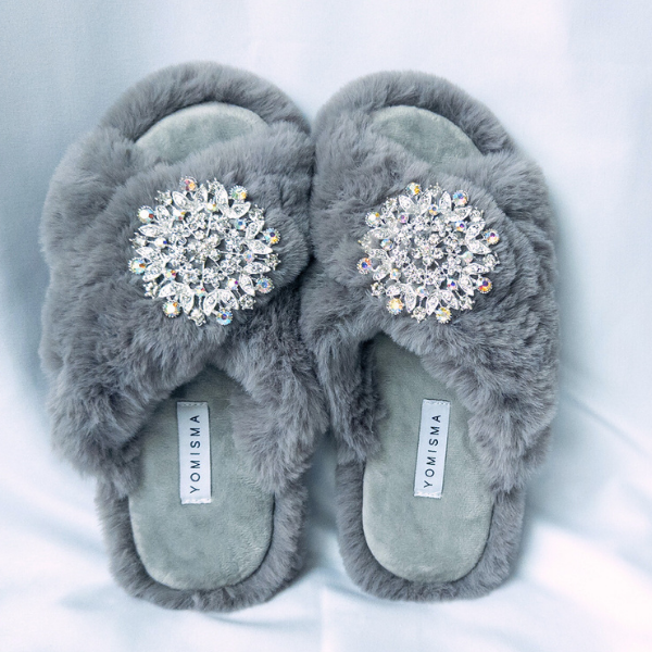 Faux Fur Slippers - Global Recycled Standard Certified with Iridescent Jewel Embellishments