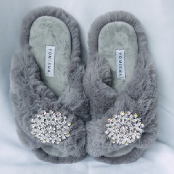 Faux Fur Slippers - Global Recycled Standard Certified with Iridescent Jewel Embellishments