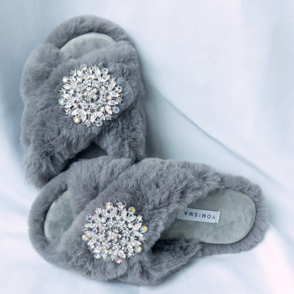 Faux Fur Slippers - Global Recycled Standard Certified with Iridescent Jewel Embellishments