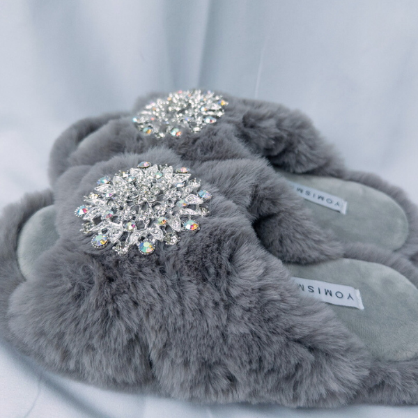 Faux Fur Slippers - Global Recycled Standard Certified with Iridescent Jewel Embellishments
