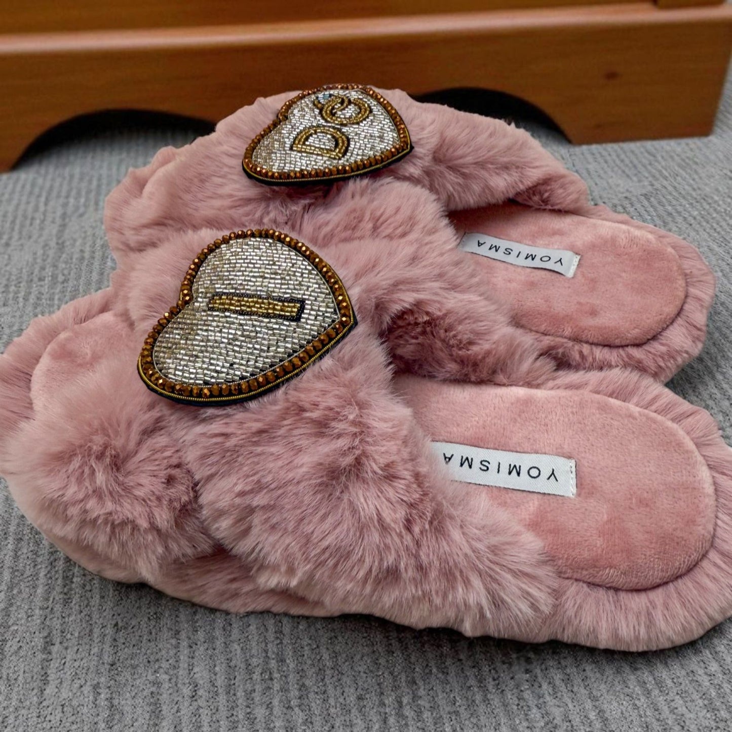 Faux Fur Slippers - Global Recycled Standard Certified with Beaded Wedding (I DO) Brooch