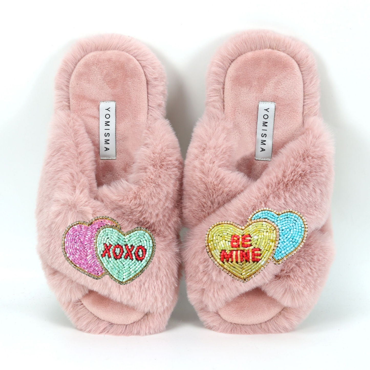 Faux Fur Slippers - Global Recycled Standard Certified with Valentines "Be Mine/XO" Embellishments