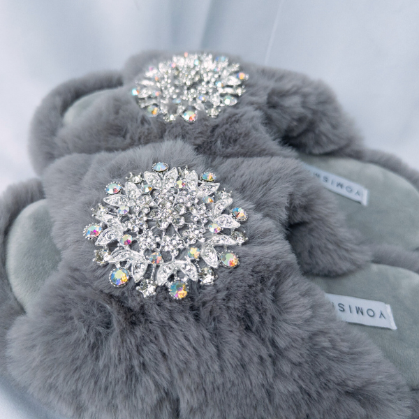 Faux Fur Slippers - Global Recycled Standard Certified with Iridescent Jewel Embellishments