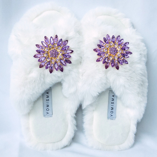 Faux Fur Slippers - Global Recycled Standard Certified with Lavender Jewel Embellishments