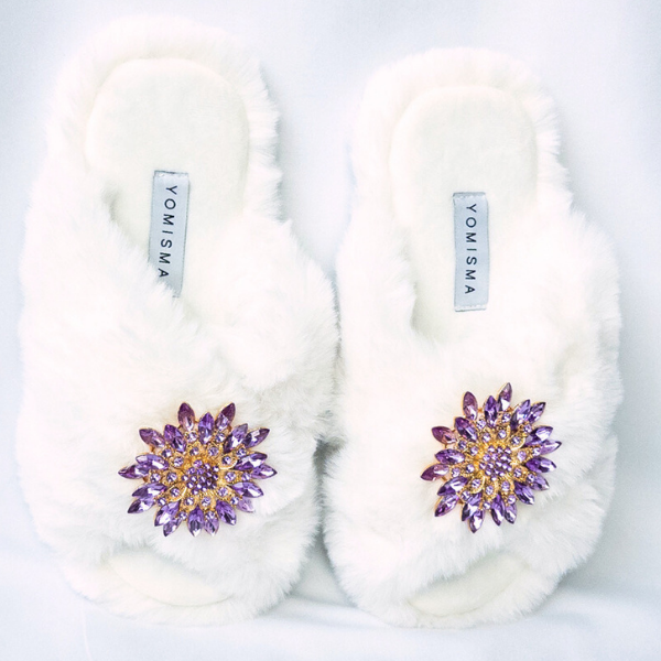 Faux Fur Slippers - Global Recycled Standard Certified with Lavender Jewel Embellishments