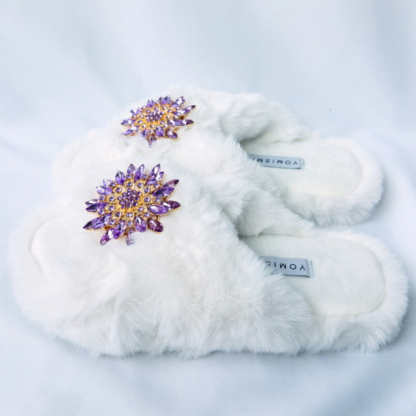 Faux Fur Slippers - Global Recycled Standard Certified with Lavender Jewel Embellishments