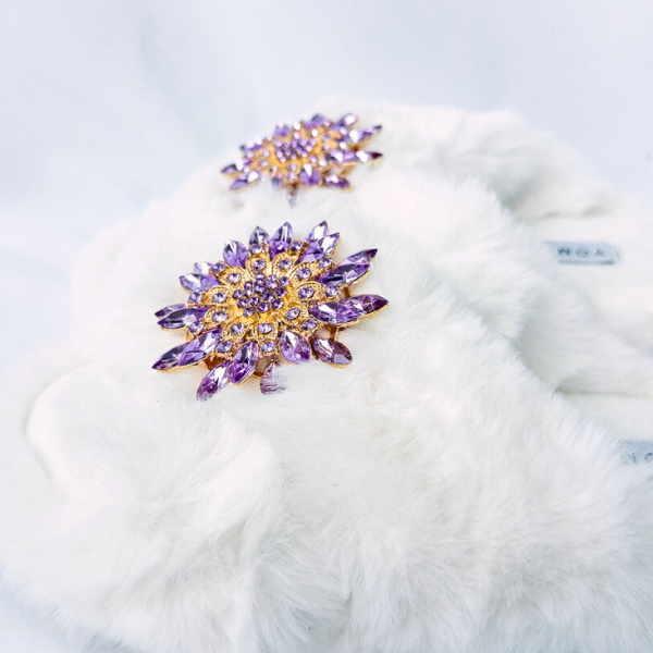 Faux Fur Slippers - Global Recycled Standard Certified with Lavender Jewel Embellishments