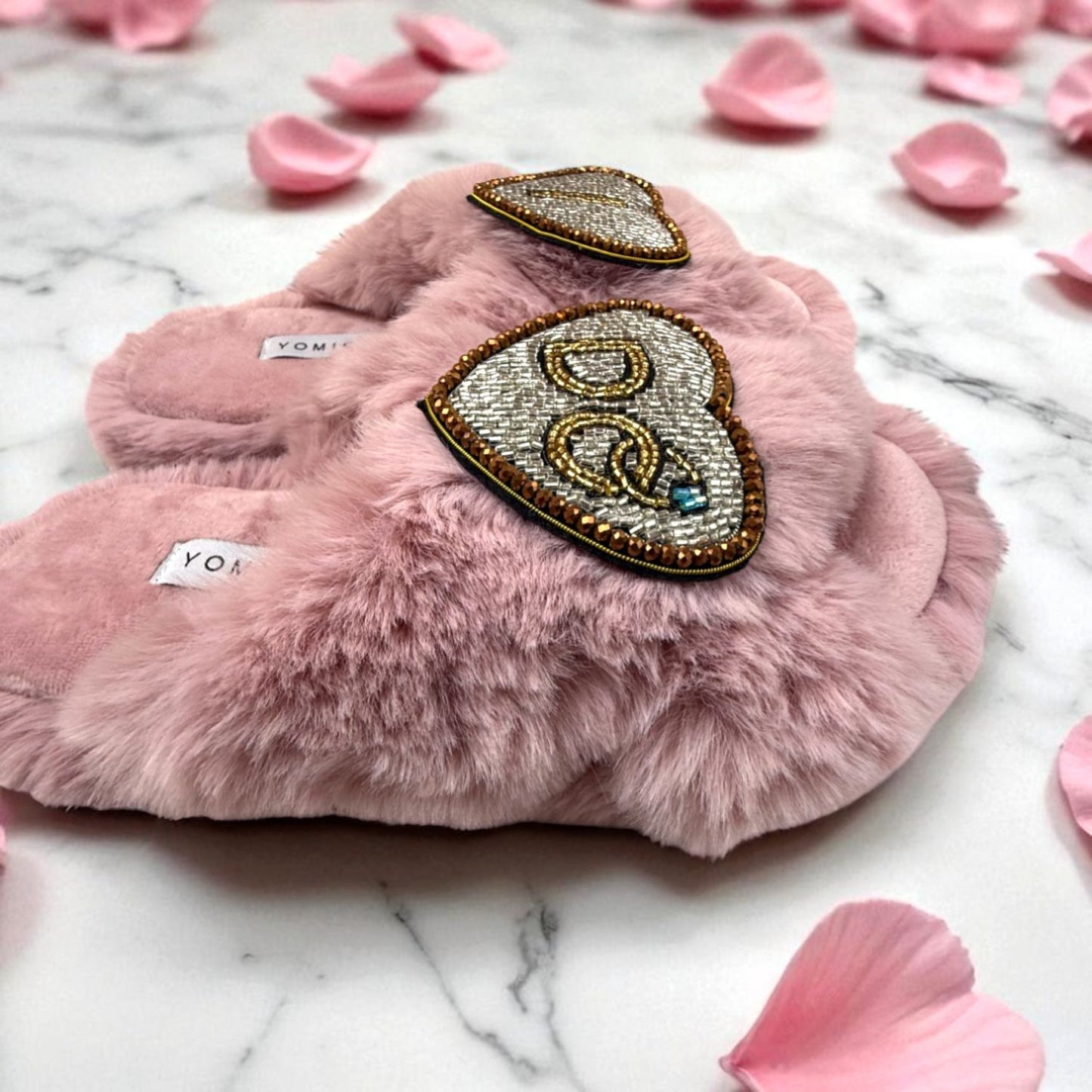 Faux Fur Slippers - Global Recycled Standard Certified with Beaded Wedding (I DO) Brooch