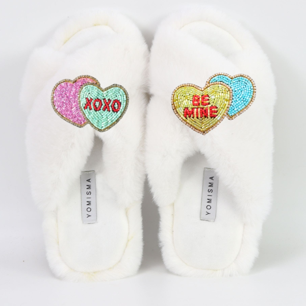 Faux Fur Slippers - Global Recycled Standard Certified with Valentines "Be Mine/XO" Embellishments