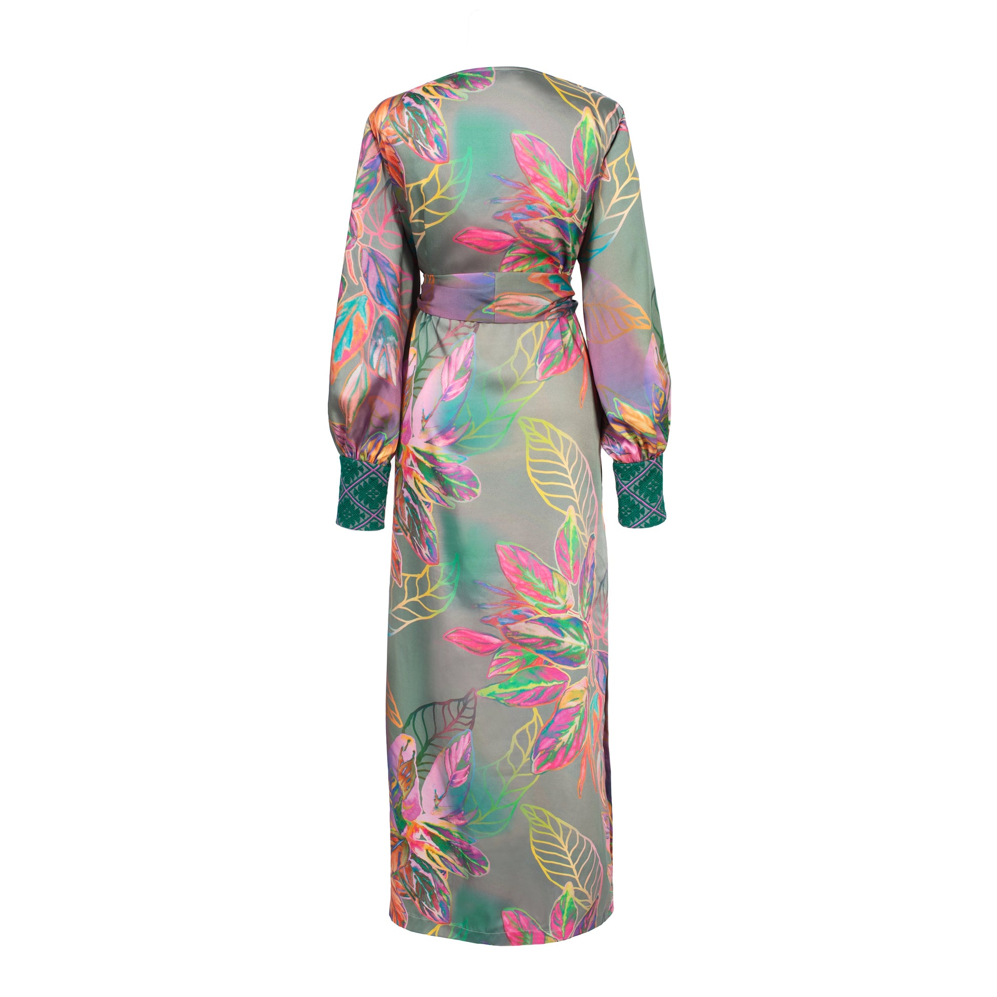 all over tropical printed kaftan duster with embroidered cuffs made from recycled materials