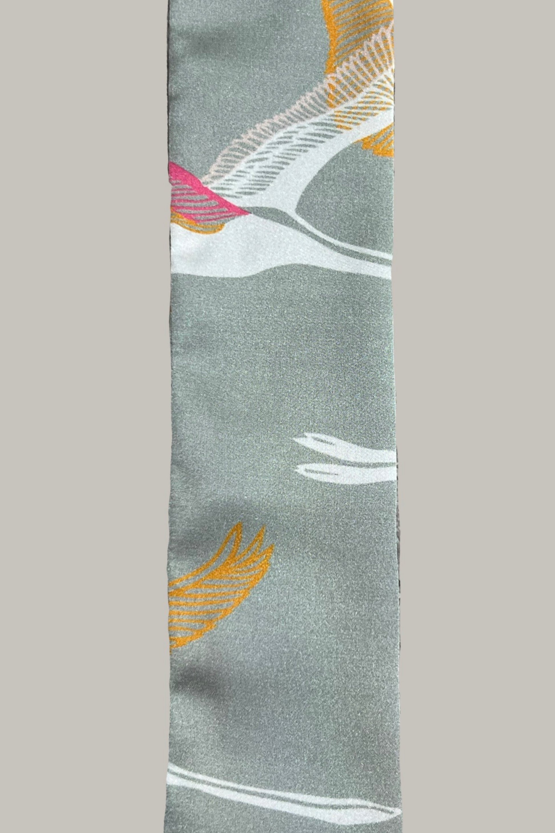 Grey, white, hot pink and gold cranes printed scarf made from an ultra soft recycled poly blend 3